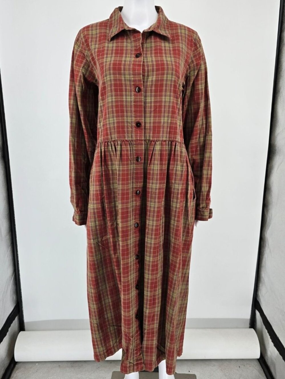 Vintage 1990s Plaid Long-Sleeve Button Front Grunge Shirt Dress (Size 12/L)